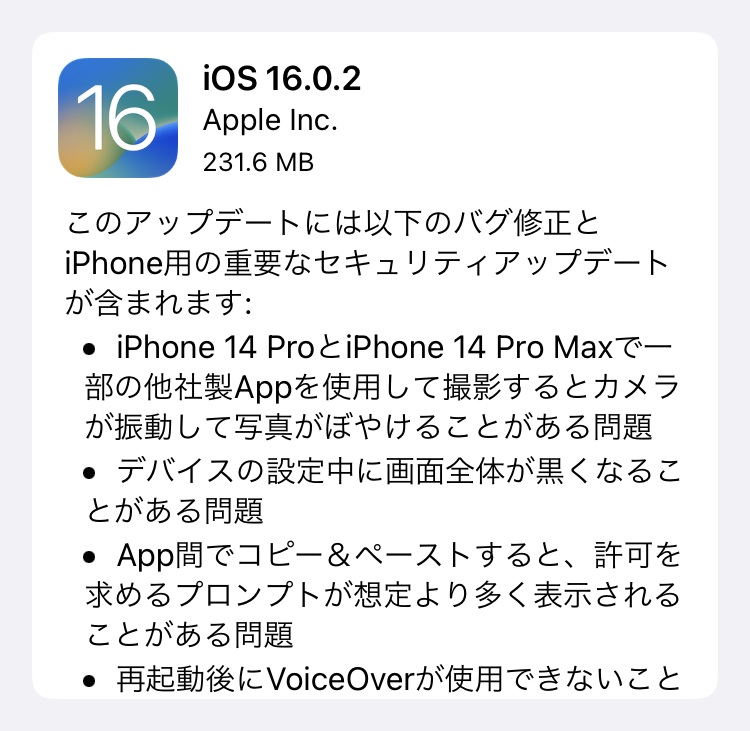 Appleが、ソフトウェア・アップデート「iOS 16.0.2」の配信を開始しました。