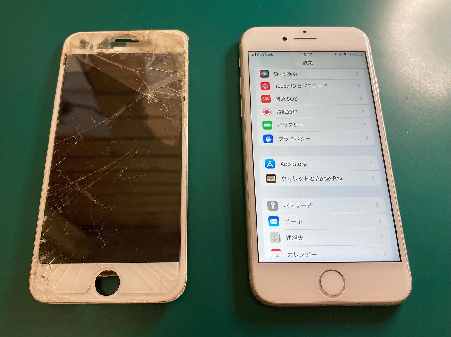 画面がバキバキでタッチ操作ができないiPhone7フロントパネル交換で解消できました。