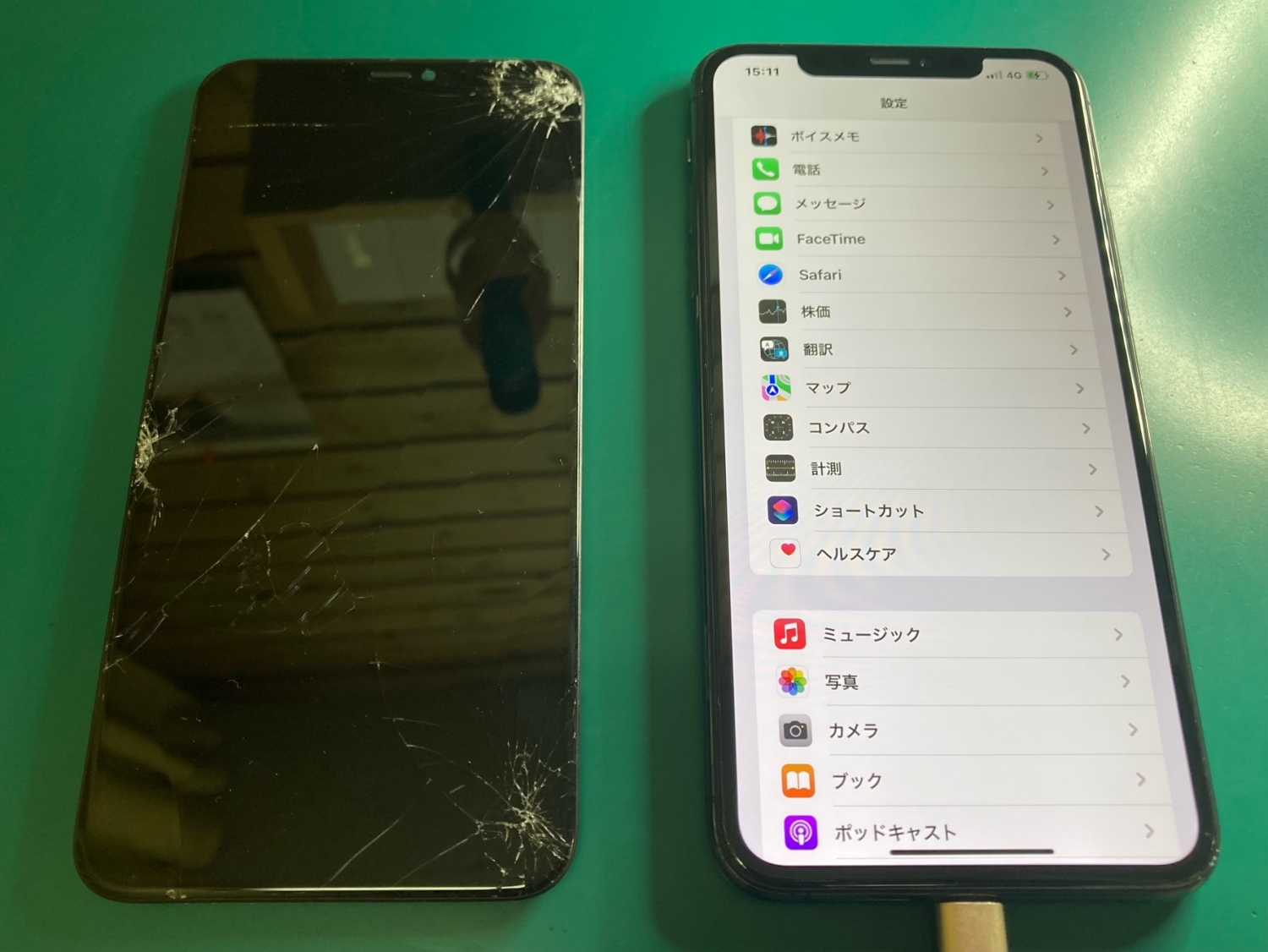 コンクリートに落としてガラス画面損傷のiPhoneフロントパネル交換で綺麗になりました。