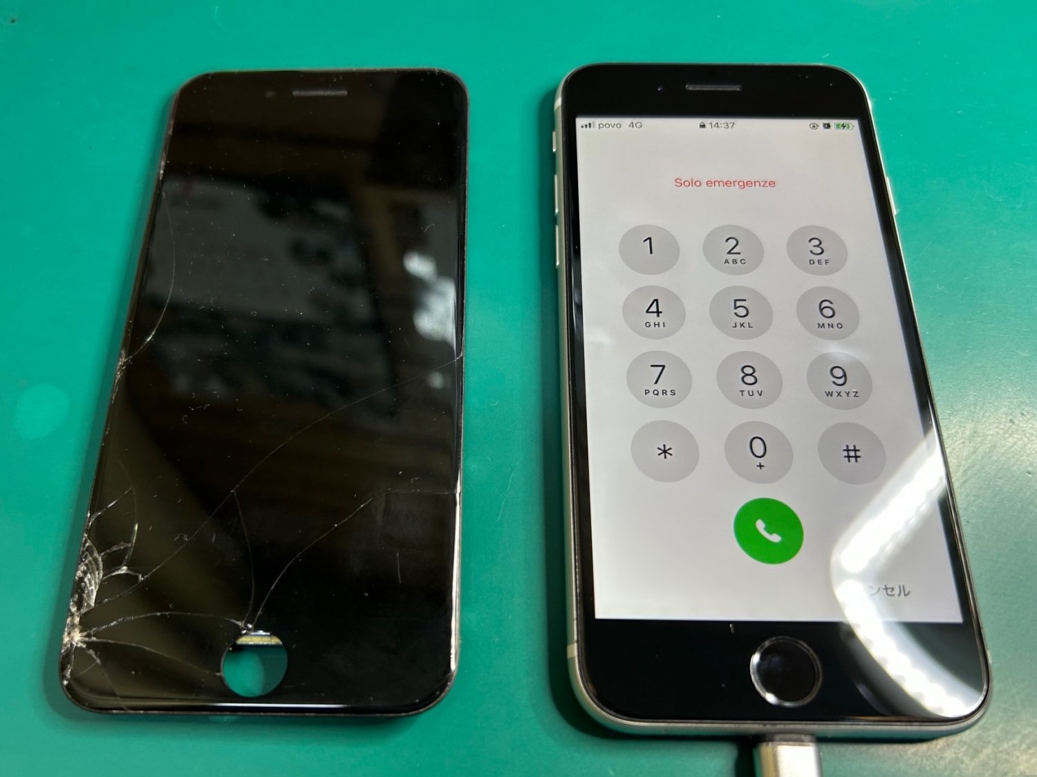 落としてiPhone画面ひび割れ！フロントパネル交換で綺麗に直りました。