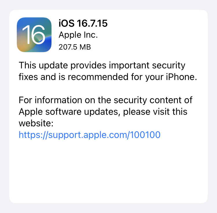 Apple、旧機種向けアップデート「iOS 16.7.15」「iOS 15.8.7」を配信開始しました。