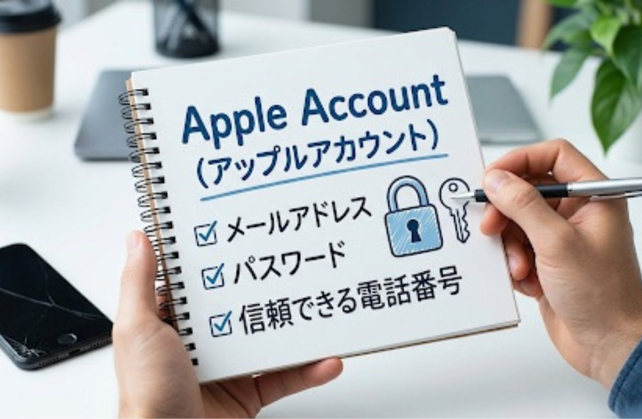 Apple Accountとパスワード、覚えていますか？紙にも控えておくと安心です。